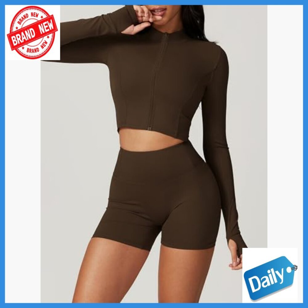 Seamless 3-Piece Workout Set High Waisted Shorts Crop Top Jacket - Picture 4 of 6